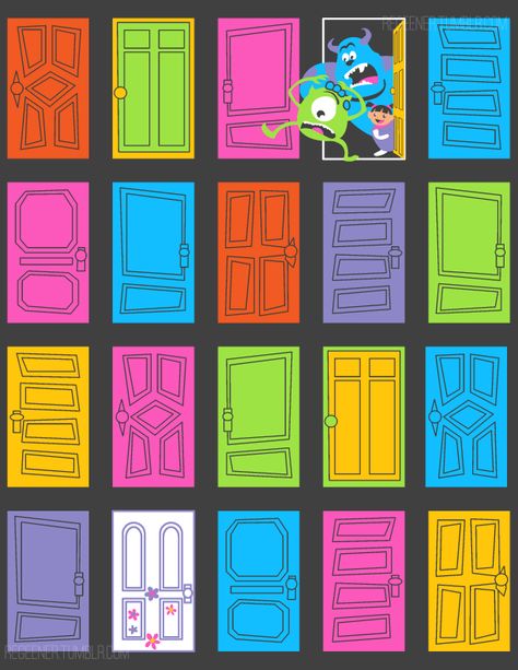 My Monsters Inc/Threadless submission! PLEASE VOTE FOR ME HERE: Monsters Inc. is one of my favorite Pixar movies, the door room scene at the end especially, so this contest was perfect! Here is the... Monsters Inc Doors, Monsters Inc Baby, Monster Inc Birthday, Monster Inc, 카드 디자인, Monster University, Pixar Movies, Monster Party, Monsters Inc