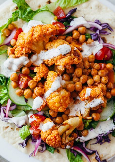 Buffalo Cauliflower & Chickpea Wraps - So Vegan Chickpea Buffalo, Chickpea Wrap, Crunchy Cauliflower, Cauliflower Baked, Cauliflower Chickpea, Buffalo Cauliflower Recipes, Vegan Buffalo Cauliflower, Spicy Cauliflower, Buffalo Cauliflower Bites