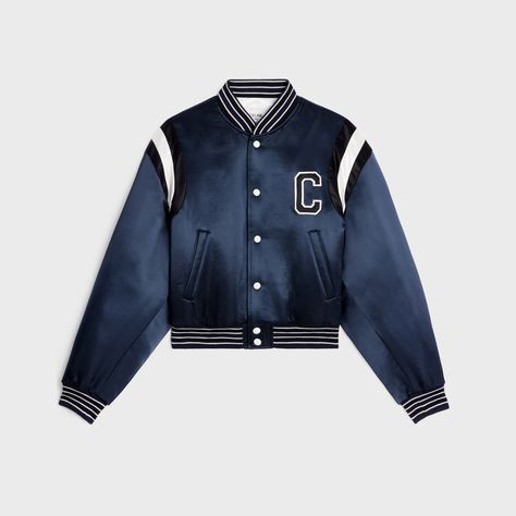 Celine cropped bomber jacket in thick satin - Navy | CELINE Casual Dress Shoes, Handbags Leather, Christian Louboutin Women, Leather Goods, Casual Style, High Tops, Coats For Women, Ready To Wear, Bomber Jacket