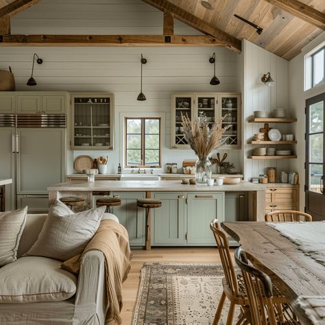 Kitchen Dining Room And Living Room, Cottage Indoor Design, European Cottage House Interior Design, Open Plan Cottage Kitchen Living Room, Modern Farmhouse Guest House, Cozy Kitchen Modern, Small Cottage Style Homes Interiors, New Build Cottage Interior, Nordic Cottage Living Room