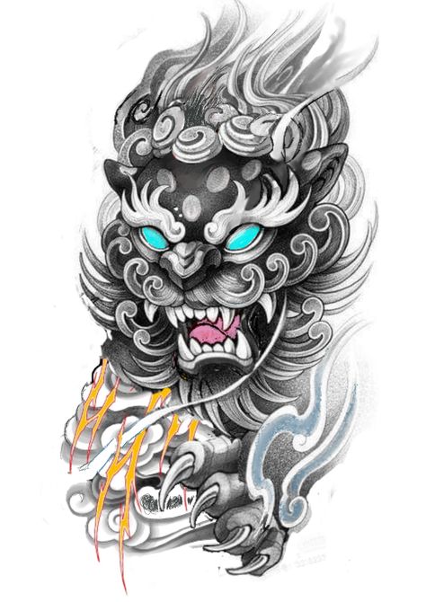 Komainu Tattoo, Dragon Tattoo Forearm, Dragon Koi Tattoo Design, Japanese Foo Dog, Foo Dog Tattoo Design, Japanese Hand Tattoos, Japanese Tiger Tattoo, Foo Dog Tattoo, Tattoo Japanese Style