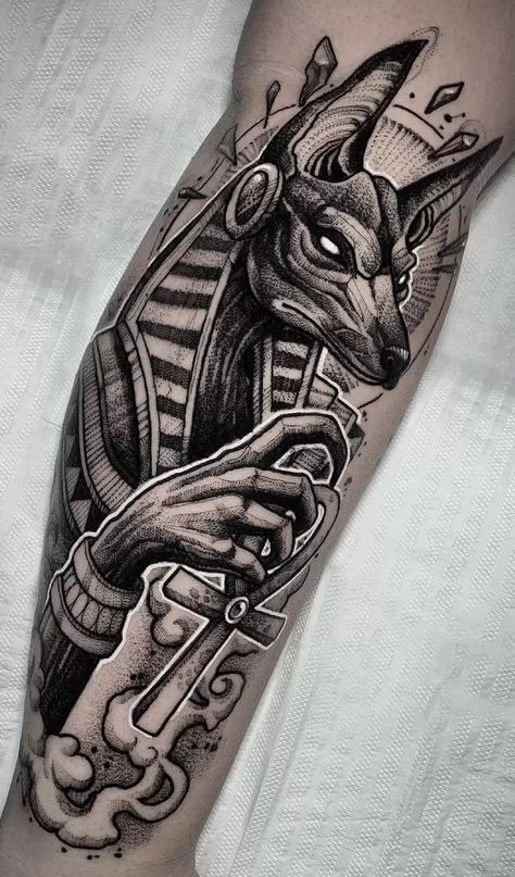 Anubis Tattoos: Meanings, Tattoo Designs & Ideas Illuminate Tattoo, Jr Tattoo, Tattoos Horror, Bastet Tattoo, Atlas Tattoo, Cyberpunk Tattoo, Anubis Tattoo, Medusa Tattoo Design, Gangsta Tattoos