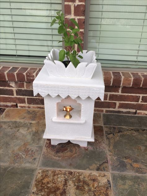 Tulsi Marble Tulsi Mandir, Tulsi Pot Design Modern Balcony, Marble Tulsi Pot Design, Tulsi Mandir Design, Tulasi Kota Designs Marble, Tulsi Pot Design In Balcony, Tulsi Tattoo, Tulsi Plant Decor, Tulsi Pot Design Traditional