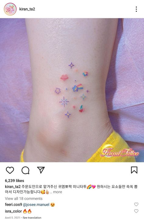 Kawaii Arm Tattoo, Kawaii Simple Tattoo, Rainbow Hand Tattoo, Cute Pastel Tattoo, Kawaii Hand Tattoo, Colorful Sparkle Tattoo, Pastel Tattoo Kawaii, Tiny Colorful Tattoos, Confetti Tattoo