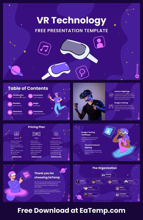 VR Technology PPT Presentation Template - Free PowerPoint Templates, Google Slides, Figma Deck And Resume Figma Presentation Design, Virtual Reality Education, Vr Technology, Free Powerpoint Templates, Cute School Stationary, Google Slides Theme, Ppt Design, Purple Themes, Ppt Presentation