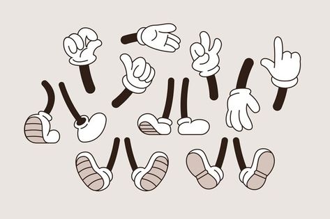 How To Draw Retro Cartoons, Rubber Hose Style Art, Cartoon Legs, Cartoon Gloves, Cartoon Hands, Cartoon Style Drawing, Cartoon Shoes, Rubber Hose, Hand Drawing Reference