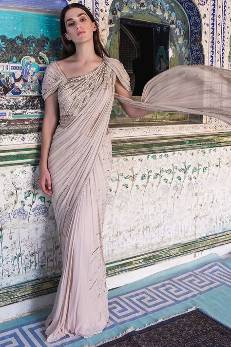 Draped Saree Gown, Embellished Saree, Gaurav Gupta, Draped Saree, Indian Sari Dress, Drape Gowns, Saree Gown, Saree Designs Party Wear, Indian Gowns Dresses