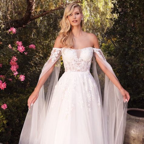 Sheer Off The Shoulder Wedding Dress, Diaphanous Gown, Cape Dress Long, Beautiful Ballgown, Train Fabric, Cape Wedding, Long Cape, Dress Sleeves, White Wedding Gowns