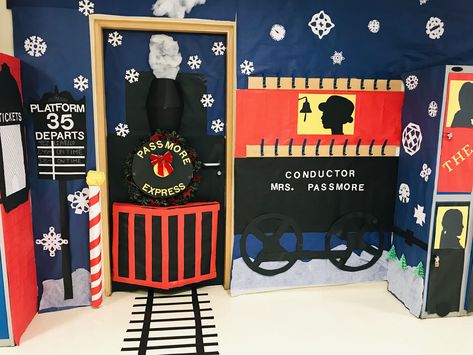 #diychristmasdecorations #christmashomedecor #holidaycrafts #festivedecorinspiration #uniqueholidayideas #christmasdecor #holidaydecor #diyholidaycrafts #festivehome #handmadechristmas Polar Express Door Display, The Polar Express Classroom Door, Polar Express Train Door Decorations, Polar Express Theme Door, Christmas Door Decorations Polar Express, Polar Express Train Door, Christmas Door Decorating Contest Polar Express, Christmas Around The World Classroom Door, Christmas Movie Theme Door Decorations