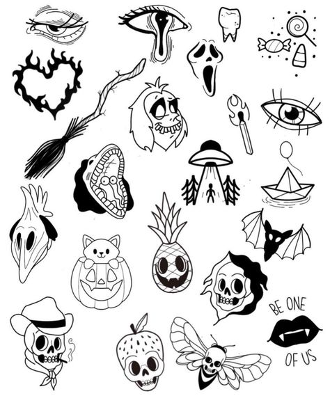 Horror Flash Tattoo Designs, Flash Sheets Simple, Basic Tattoo Flash, Ghost Face Flash Tattoo, Cute Halloween Flash Tattoo, Space Flash Tattoo, Halloween Tattoo Ideas Simple, Simple Flash Sheet, Small Cartoon Tattoo Ideas