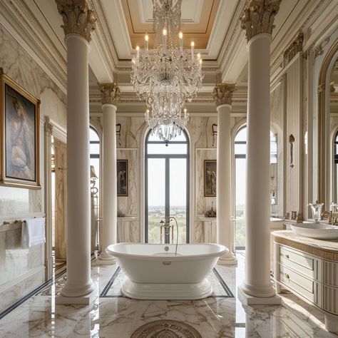 Fancy Bathroom Luxury Master Bath, Fancy Bathroom Luxury, Old Money Bathroom, Bathroom Tub Ideas, Tile Ideas Bathroom, Room Ideas Bathroom, Manor Aesthetic, Grand Mansion, Royal Bathroom