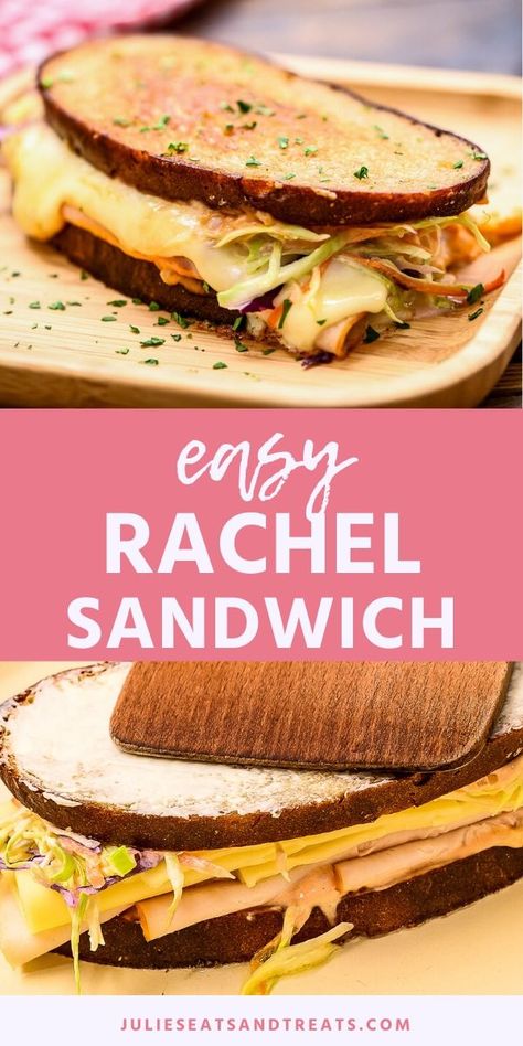 Love a delicious grilled cheese? Level up your game with an easy Rachel Sandwich. This grilled sandwich has layers of turkey, coleslaw, Swiss cheese and Russian dressing that is stuffed between two pieces of toasty grilled Rye bread. It's a new twist on a classic Reuben Sandwich. #rachel #sandwich Rachel Sandwich, Rye Bread Sandwiches, Cold Sandwich Recipes, Cheese Game, Rye Bread Recipes, Hot Sandwiches, Gourmet Grilling, Best Sandwich Recipes, Russian Dressing