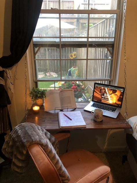 Collapsable window sill desk. Perfect for small bedroom. Desk By Window Ideas, Desk By The Window Aesthetic, One Window Small Bedroom Ideas, Small Room With Big Window, Desk At Window Bedroom, Small Desk By Window, Study Desk Near Window, Desk Against Window Aesthetic, Desk Setup By Window