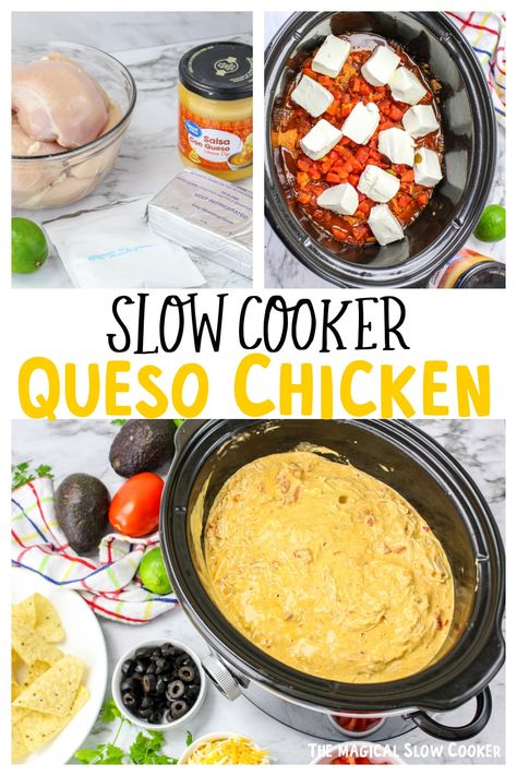 Crock Pot Chicken Nachos Recipe, Salsa Con Queso Chicken Crockpot, Chicken Queso Tacos Crockpot, Crock Pot Queso Chicken, Slow Cooker Queso Chicken Tacos, Chicken Rotel Crockpot, Rotel Chicken Crock Pot, Chicken Nachos With Queso, Queso Chicken Crockpot