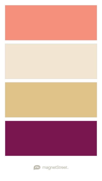 Coral, Champagne, Gold, and Sangria Wedding Color Palette - custom color palette created at MagnetStreet.com Custom Refrigerator, Champagne Wedding Colors, Gold Wedding Colors, Coral Wedding, Theme Color, Coral And Gold, Peach Wedding, Coral Peach, Wedding Color Palette