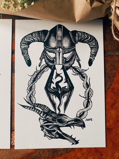 Skyrim Painting, Skyrim Drawing, Elder Scrolls Tattoo, Skyrim Logo, Skyrim Tattoo, Video Game Tattoos, Inspirational Writing, Rings Tattoo, Viking Tattoo Sleeve