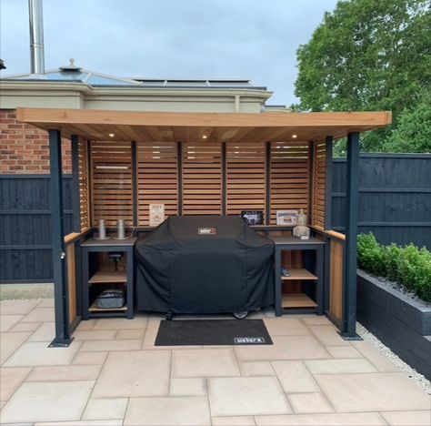 BBQ Shelter By Solace Garden Rooms. Manufactured industrial steel supports (powder coated in anthracite grey)with cedar panels. LED down lights and double plug socket. Bbq Area Ideas, Bbq Shelter Ideas, Grill Shelter, Bbq Shed, Outdoor Bbq Area, Outdoor Grill Station, Outdoor Barbeque, Diy Bbq, Shelter Design