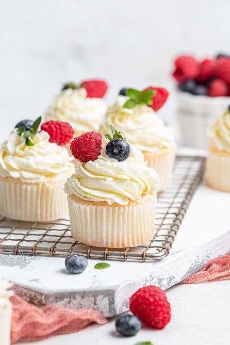 Angel food cupcakes are so light and fluffy, and can be topped with any fruit for a seasonal, yet light dessert. Tea For Two Cupcakes, Small Batch Cupcakes, Angel Food Cupcakes, Weddings 2024, Catholic Holidays, Batch Baking, Baked Food, Food Cupcakes, Light Dessert