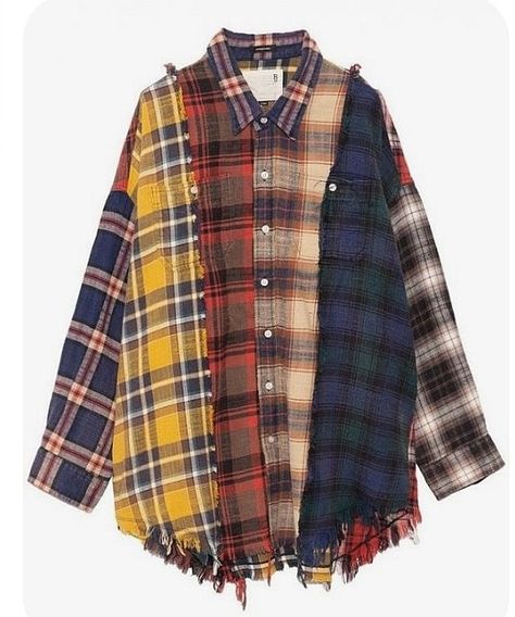 Flannel Rework, Reworked Clothes, Recycled Outfits, Patchwork Clothes, Trendy Shirt Designs, Recycled Clothing, Repurposed Clothing, Yellow Beige, Shirt Refashion