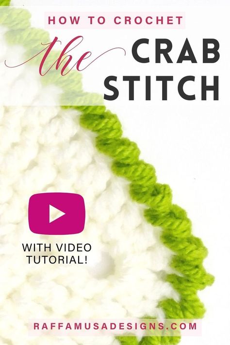 A crochet crab stitch edging border made in green yarn Crab Crochet Stitch, Crochet Borders Tutorial, Crochet Instructions For Beginners Step By Step, Reverse Single Crochet Stitch, Crochet Borders Patterns, Reverse Crab Stitch Crochet, Crochet Blanket Edging Easy, Crochet Crab Stitch Border, Crab Stitch Crochet Border