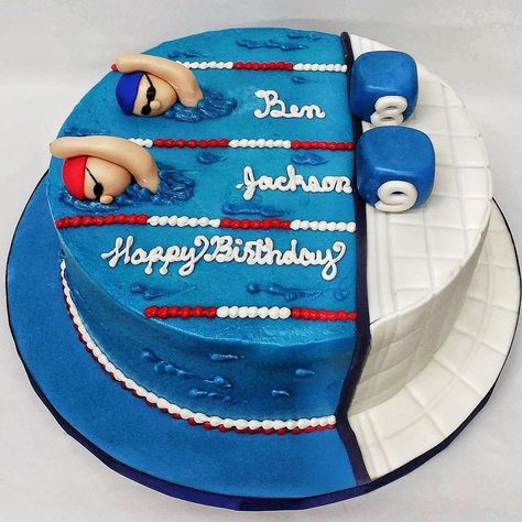 Swim Cake  3 Women and an Oven (KC bakery) Swimmer Cake, Pool Birthday Cakes, Swimming Pool Cake, Swimming Cake, Pool Party Cakes, Pool Cake, Cakes To Make, Sport Cakes, Elegant Birthday Cakes