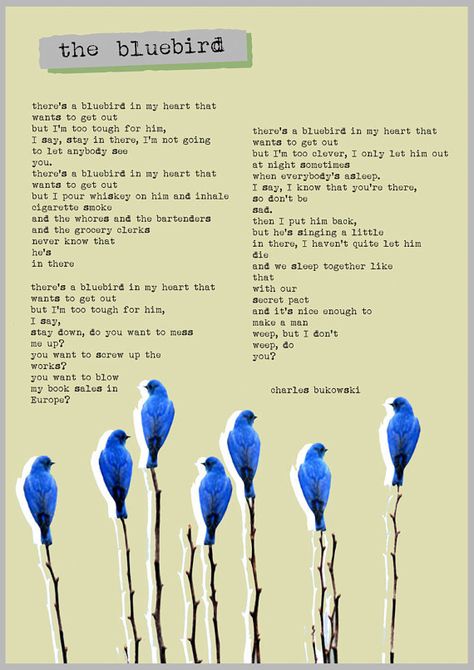 "Bluebird", Charles Bukowski. Bluebird Poem, Poetic Outlaws, Bukowski Poems, Poem Collage, Illustrated Poem, Poetry Posters, Favorite Poems, Charles Bukowski Quotes, Theatre Inspiration