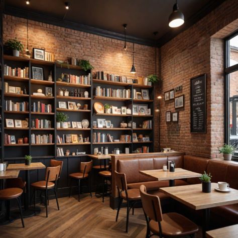 Coffee And Book Shop Aesthetic, Bookshelves Coffee Shop, Book Bar Design, Coffee Shop With Library, Classic Coffee Shop, Coffee Shop And Bookstore, Cafe And Bookstore, Book Shelf In Cafe, Coffee Shops With Books