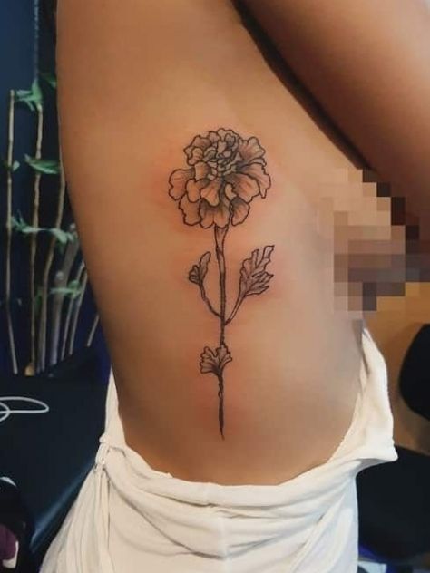 Marigold Flower Spine Tattoo, Marigold Rib Tattoo, October Tattoo Ideas Birth Month, Marigold Tattoo October, October Birth Flower Tattoo Marigold, October Flower Tattoo, Artist Boyfriend, October Birth Flower Tattoo, Neat Tattoos