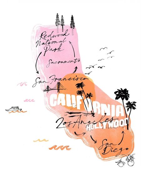 Sunshine inspired 🌴 the state of California. One of my favorite states in 🇺🇸 @fjartists swipe to see a simple animated map.  . . #illustrator #illustration #travelinspiredart #architecturedrawing #illustratedlandmark #drawingcalifornia #usastates #illustratedmap #wanderlust #ink #londondrawing #losangeles #iconographyart #travelillustration #gradient #handdrawnlettering  #linedrawing #carolinetomlinsonillustration #carolinetomlinsonillustrator California Drawing, London Drawing, California Graphic, State Of California, Journal Sticker, Lifestyle Illustration, Hand Drawn Lettering, Sticker Ideas, Illustrator Illustration