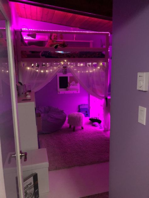 Led Loft Bed, Room Ideas With A Loft Bed, Loft Bed Ideas Cottage Core, Loft Bed Canopy, Room With Loft Bed, Room Ideas Loft Bed, Loft Bed Bedroom Ideas, Loft Bed Ideas, Comfortable Bedroom Decor