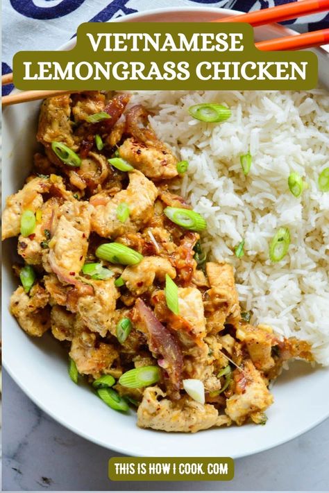 This easy lemongrass chicken Vietnamese recipe is flavorful and a little spicy, savory and luscious and made in about 15 minutes. #lemongrassChickenRecipes Lemongrass Ginger Chicken, Chicken Lemongrass Recipes, Lemongrass Chicken Vietnamese, Lemongrass Recipes, Vietnamese Recipe, Lemongrass Chicken, Hearty Comfort Food, Chicken Crockpot, Recipe Cover