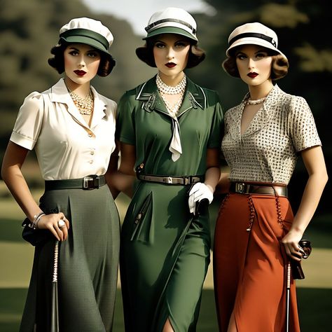 3 stylish fashionable ladies from the 1920s in golf vintage ... by Zygi Cards - Playground Vintage Golf Outfit, Vintage Golf Fashion, Womens Golf Fashion, Vintage Golf, Golf Wear, Golf Fashion, The 1920s, Xmas Party, Image Generator