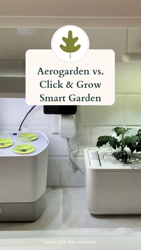 Considering AeroGarden vs Click and Grow, small AeroGarden models tend to be more affordable than entry-level Click & Grow models while prices for mid-range models are similar. With a clean-cut design, Click and Grow smart gardens are easier to use, while gear-heavy AeroGardens offer a wider range of features. AeroGardens use about 2-3x more power than Click & Grow gardens, but they include brighter plant lights and an internal water pump. Click And Grow, Indoor Hydroponic Gardening, Hydroponic Gardening System, Cold Climate Gardening, Growing Food Indoors, Garden Fertilizer, Smart Garden, Permaculture Design, Organic Soil