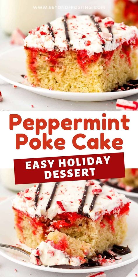 This Candy Cane Poke Cake is an easy-to-make, festive dessert you don't want to miss. Made-from-scratch cake batter is baked, soaked with sweetened condensed milk, then topped with whipped cream, hot fudge drizzle, and Andes Peppermint Crunch candy. Peppermint Poke Cake, Homemade Poke, Peppermint Crunch, Easy Holiday Desserts, Peppermint Cream, Poke Cake Recipes, Holiday Dessert Recipes, Festive Desserts, Poke Cakes