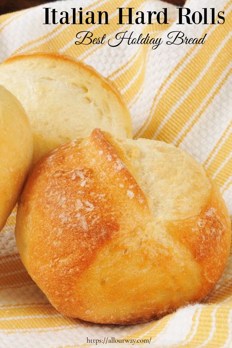 A light airy roll with a crunchy crackly crust. Does not use a lot of yeast, instead it relies on extra-long fermentation for flavor development. It's the perfect dinner roll to serve at a holiday meal. Not sweet, just plenty of rich bread flavor. #dinnerrolls, #hardrolls, #Italianhardrolls, #crustyrolls, #holidaybuns, #yeastbuns, #yeastrolls Grammy Recipes, Semolina Bread, Italian Rolls, Crusty Rolls, Hard Rolls, Dinner Roll, Italian Sandwich, Holiday Bread, Homemade Ideas