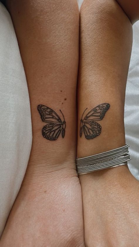 Bestie tattoo Butterfly Tattoo Best Friend, Matching Tattoos For Best Friends Meaningful, Matching Butterfly Tattoos, Half Butterfly Tattoo, Butterfly Thigh Tattoo, Partner Tattoos, Half Butterfly, Twin Tattoos, Unique Butterfly Tattoos