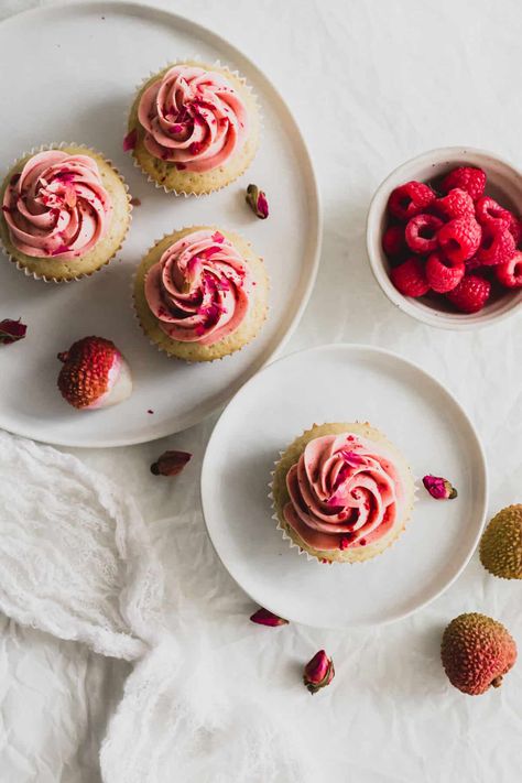 Rose Lychee Raspberry Cupcakes | Sift & Simmer Raspberry Cupcakes, Raspberry Buttercream, Freeze Dried Fruit, Rose Cupcakes, Raspberry Cake, Cupcake Flavors, Muffin Tray, Swiss Meringue Buttercream, Dried Rose Petals