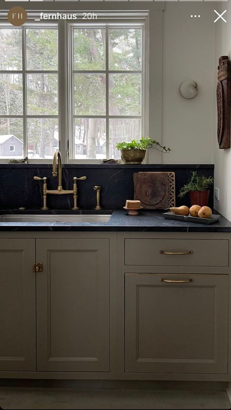 Vintage Gold Hardware Kitchen, Soapstone Countertops Backsplash, Honed Black Marble Countertops, Beige Cabinets Kitchen Black Counters, Mushroom Kitchen Cabinets Black Counter, Soapstone Island Kitchen, Soapstone And Marble Kitchen, Short Backsplash Kitchen, Soap Stone Kitchen Countertops