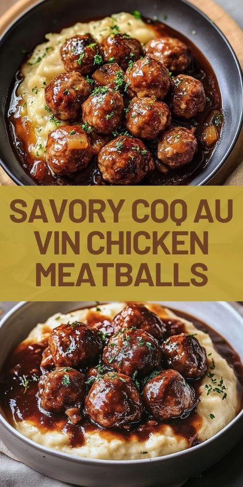 Indulge in these Savory Coq au Vin Chicken Meatballs for a rich and satisfying meal! 🍗🍷 Full of aromatic herbs and delicious flavors, these chicken meatballs are perfect for cozy dinners or special occasions. With all the classic French flavors, this recipe is sure to elevate your dinner menu. #CoqAuVin #ChickenMeatballs #FrenchRecipe #GourmetDinner #ComfortFood #DinnerIdeas Chicken Breast Dinner Ideas, Chicken Breast Dinner, Chicken Meatball Recipes, Cozy Dinners, Quick And Easy Dinner Ideas, Classic French Dishes, Shredded Chicken Recipes, Gourmet Dinner, Chicken Meatballs