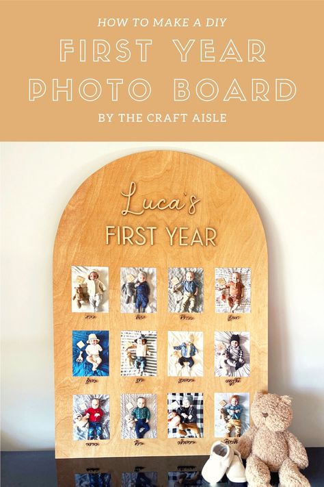 Create a DIY First Year Photo Board for your little one's first birthday party. Display monthly milestone photos of the first year. | CraftCuts.com Diy Photo Board First Birthday, Birthday Photo Board Display, Diy Wooden Photo Board, One Year Photo Board Diy, First Year Monthly Photo Display, First Birthday Milestone Board Diy, Milestone Picture Display, 1st Birthday Board Ideas, One Year Monthly Picture Display