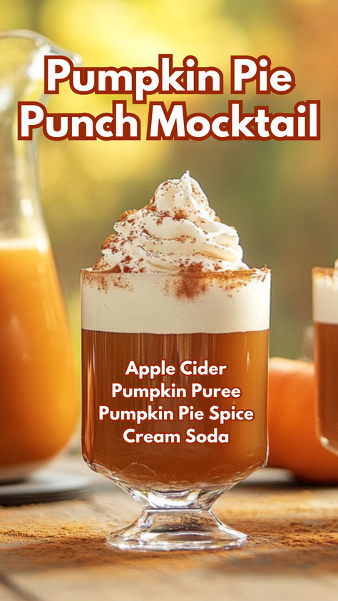 Pumpkin Pie Punch Mocktail Pumpkin Pie Punch Recipe, Pumpkin Pie Cocktail Recipe, Thanksgiving Recipes Drinks Non Alcohol, Fall Drink Garnish, Fall Apple Cider Punch, Non Alcoholic Cider Drinks, Cold Apple Cider Drinks Nonalcoholic, Fall Refreshers, Thanksgiving Drink Ideas Non Alcoholic