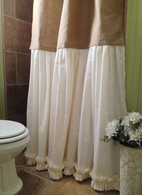 Burlap Curtains Diy, Burlap Shower Curtains, Shabby Chic Shower, Shabby Chic Shower Curtain, Burlap Curtains, Bathroom Remodels, Shabby Chic Dresser, Shabby Chic Bathroom, Chic Bathrooms