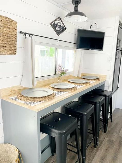 Rv Restroom Remodel, Cheap Camper Remodel Ideas, Bar Table In Camper, Rv Bunkhouse Remodel To Office, Small Camper Bunkhouse Remodel, Taking Dinette Out Of Camper, Removing Dinette In Camper, Camper Table, Motorhome Remodel