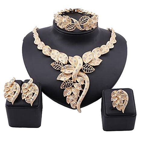 NA African Dubai Gold Jewelry Nigerian Crystal Necklace Hoop Earrings Ring Women Italian Bridal Jewelry Sets Wedding Accessories (Gold) Gold Service Jewelry, Gold Wedding Accessories, Gold Service, Teapot Necklace, Dubai Gold Jewelry, Cocktail Necklace, Costume Jewelry Sets, Gold Wedding Jewelry, Gold Jewelry Sets