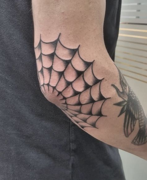 Spiderweb Tattoo Shaded, Spider Web Tattoo Elbow Men, Spider Net Tattoo Elbow, Cobweb Knee Tattoo, Old School Spider Web Tattoo, Elbow Spiderweb Tattoo, Elbow Web Tattoo, Small Filler Tattoo Ideas Men, American Traditional Spider Web