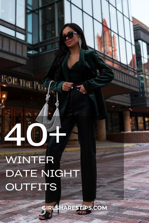 Stay stylish this winter with our collection of 40+ date night outfits that balance cute comfort and elegance! Whether you're dressing up for dinner, drinks at the bar, or celebrating an anniversary, we've got you covered—from simple casual looks like black jeans paired with brown boots to fancy dresses perfect for special occasions like Valentine's Day. Embrace the cozy vibes while looking effortlessly chic in your favorite evening wear—Doc Martens included! Chicago Winter Going Out Outfits, New York City Date Night Outfit, Going Out Outfit Cold Weather, Day Night Outfit Winter, Cold Night Out Outfit Casual, Date Night Dresses Winter, Stylish Going Out Outfits For Women, San Francisco Going Out Outfit, Outfit Ideas Bar Casual