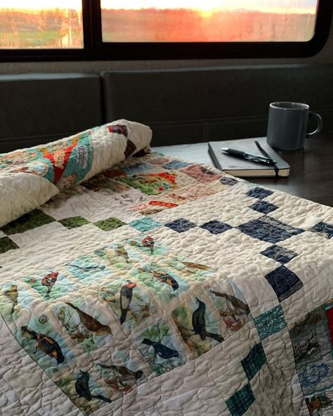 Cathe Holden on Instagram: “I couldn’t wait to pull out this fantastic OUTDOORSY quilt to put in our brand new travel trailer! It’s the Potluck pattern by…” Cathe Holden Quilts, Outdoorsy Quilt, Cathe Holden, New Travel Trailers, Printed Quilt, Sewing Inspiration, Travel Trailer, Large Prints, Sewing Fabric