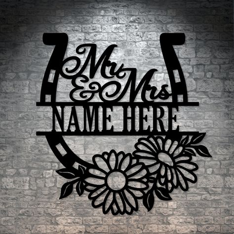 Design your personalized Mr & Mrs horseshoe metal sign today and add a unique name, date, or message. This customizable family last name wall hanging is the perfect display for a hall, bathroom, entryway, or living room, and could be a one-of-a-kind wedding wall art sign gift to yourself or a loved one. E.g. ranch monogram gift for a Birthday, Christmas, Anniversary, Retirement, Mother's Day, Father's Day, or Housewarming - You decide 😊 *Attention*NO hyphens, dashes, colons, semi-colons, symbol Horse Theme Wedding, Horse Wedding Theme, Name Wall Hanging, Wedding Wall Art, Horses Theme, Family Wall Decor, Wedding Wall, Hall Bathroom, Laser Cut Metal