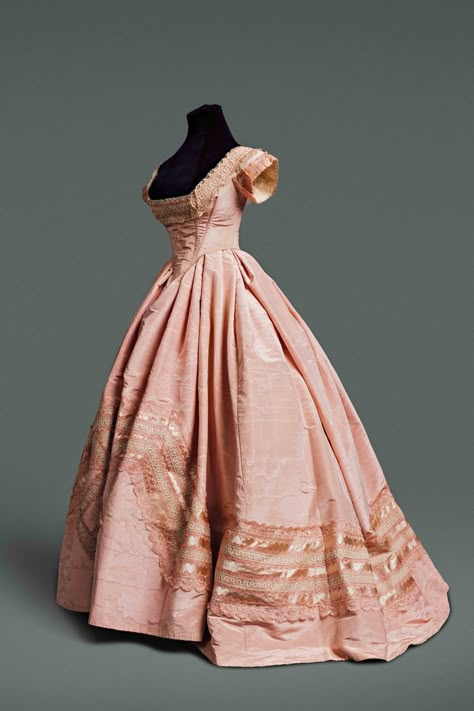 From the Museum of Vancouver 1800s Dresses, 1860s Dresses, Victorian Era Dresses, 1800s Fashion, Special Event Dresses, Pink Evening Dress, Period Dress, 19th Century Fashion, Old Dresses