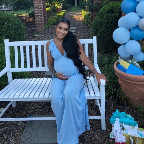 Seven🦋 on Instagram: “Mommy sev 💙 hair @lxmoneytings dress @mykeena” Gender Reveal Dress Black Women, Cute Dresses Black, Pregnancy Slay, Gender Reveal Dress, Family Maternity Pictures, Dress Black Women, Mommy Shark, Pregnancy Belly Photos, Maternity Dresses For Baby Shower